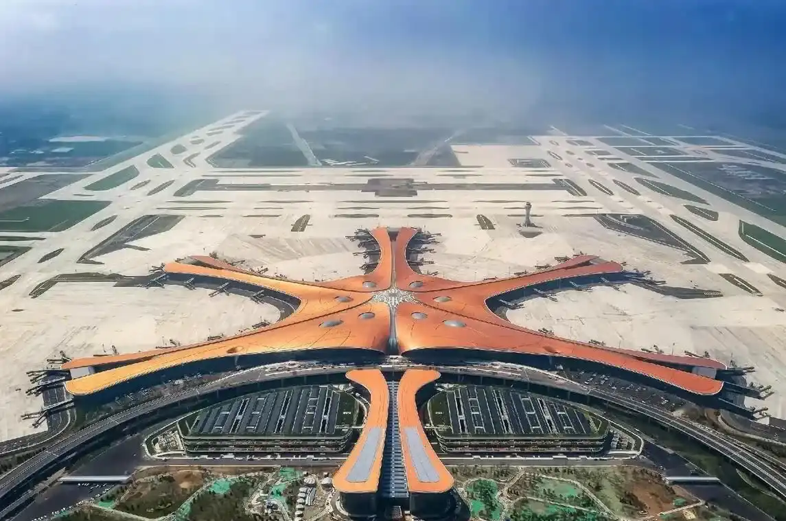 Orange roof and star-shaped concourse inside Beijing Daxing International Airport