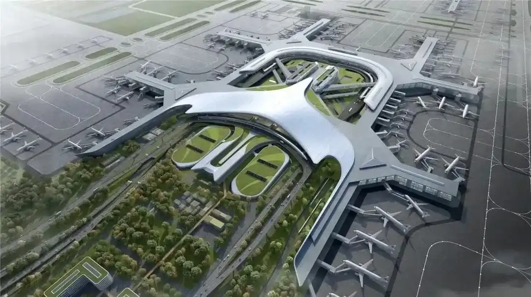 Aerial view of the satellite concourse and terminals at Shanghai Pudong International Airport