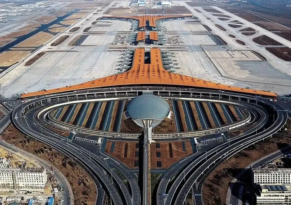 Terminal exterior and airport sign at Beijing Capital International Airport
