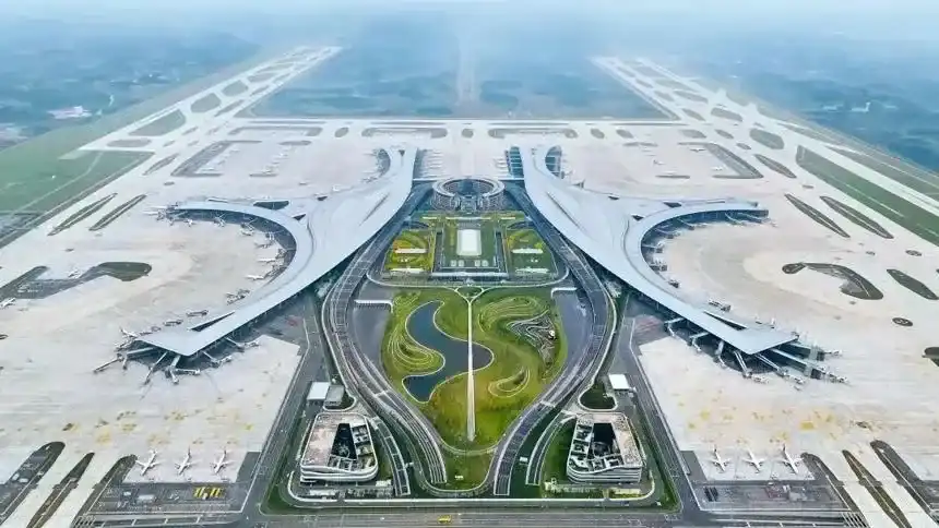 Aerial view of the terminal concourses and runways at Chengdu Tianfu International Airport