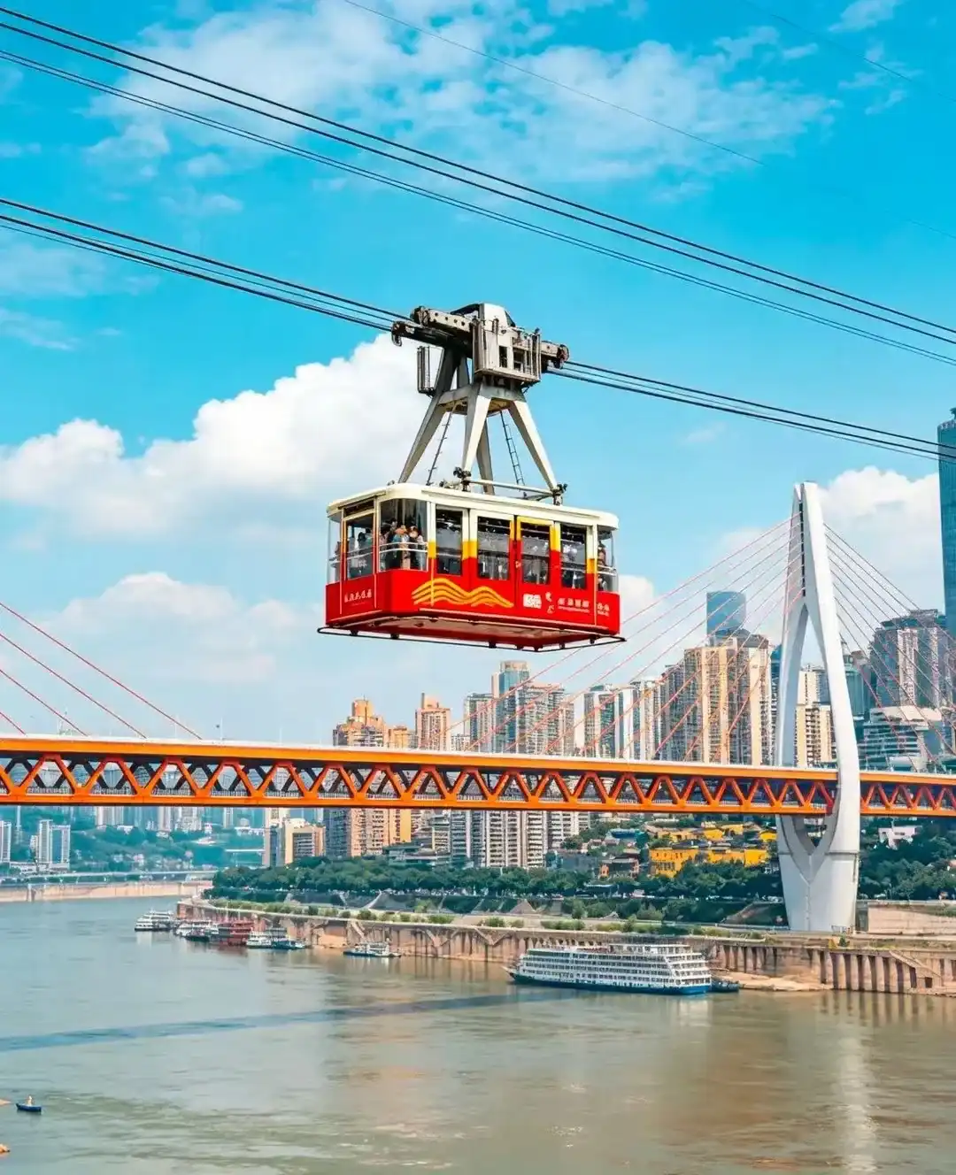 Yangtze River Cableway cabin crossing toward the Yuzhong skyline