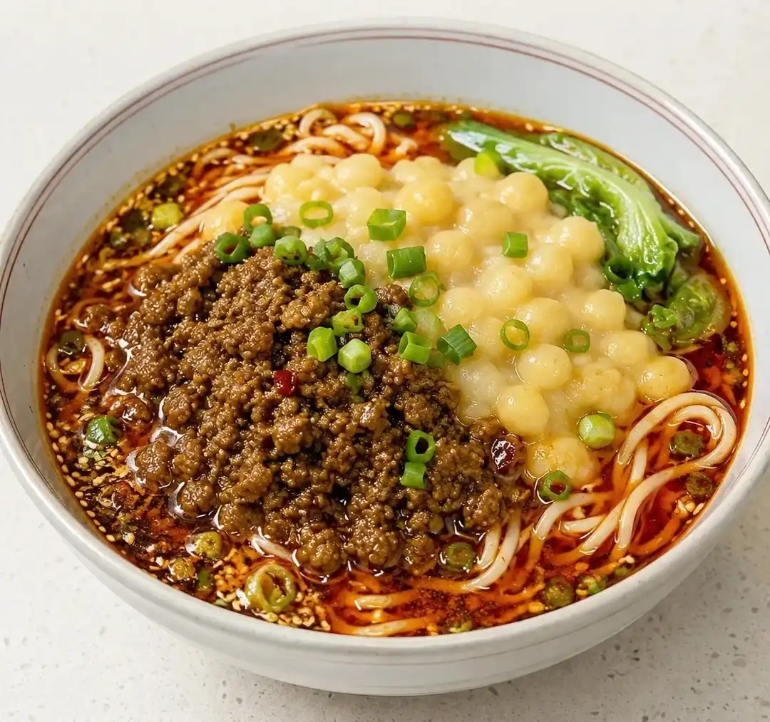 Red-oil noodles topped with greens, peanuts and scallion