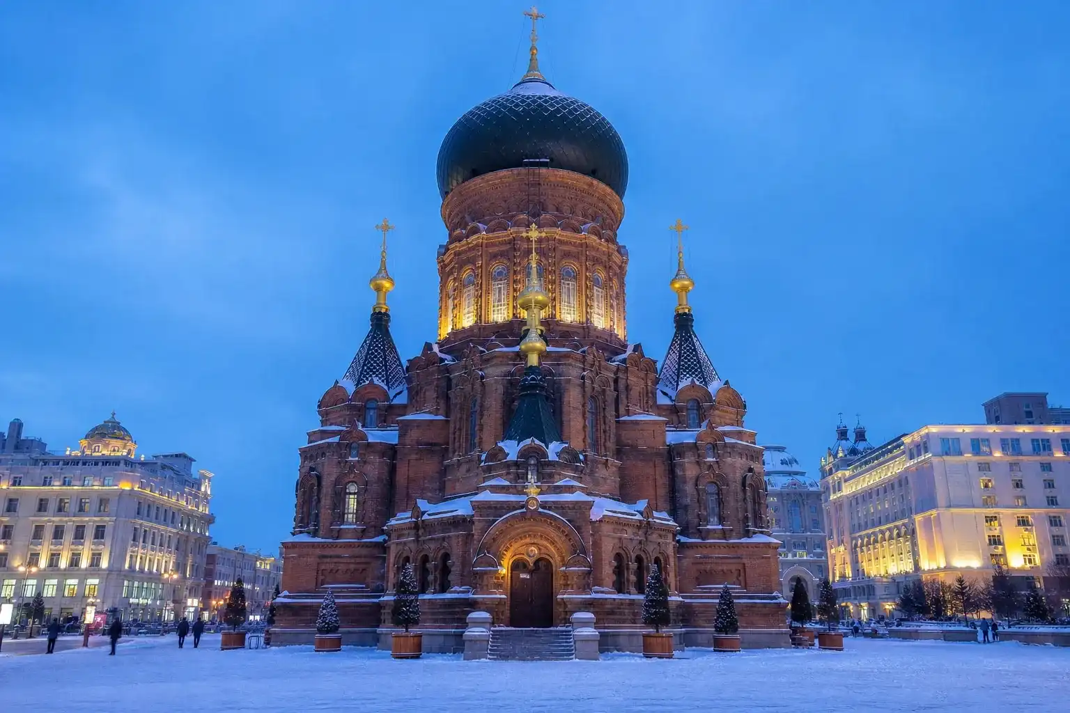 Saint Sophia Cathedral illuminated on a snowy evening in Harbin