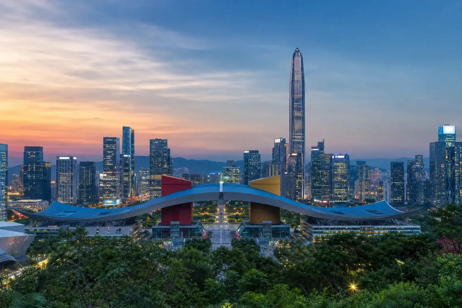 Shenzhen Civic Center and the Futian skyline with Ping An Finance Centre