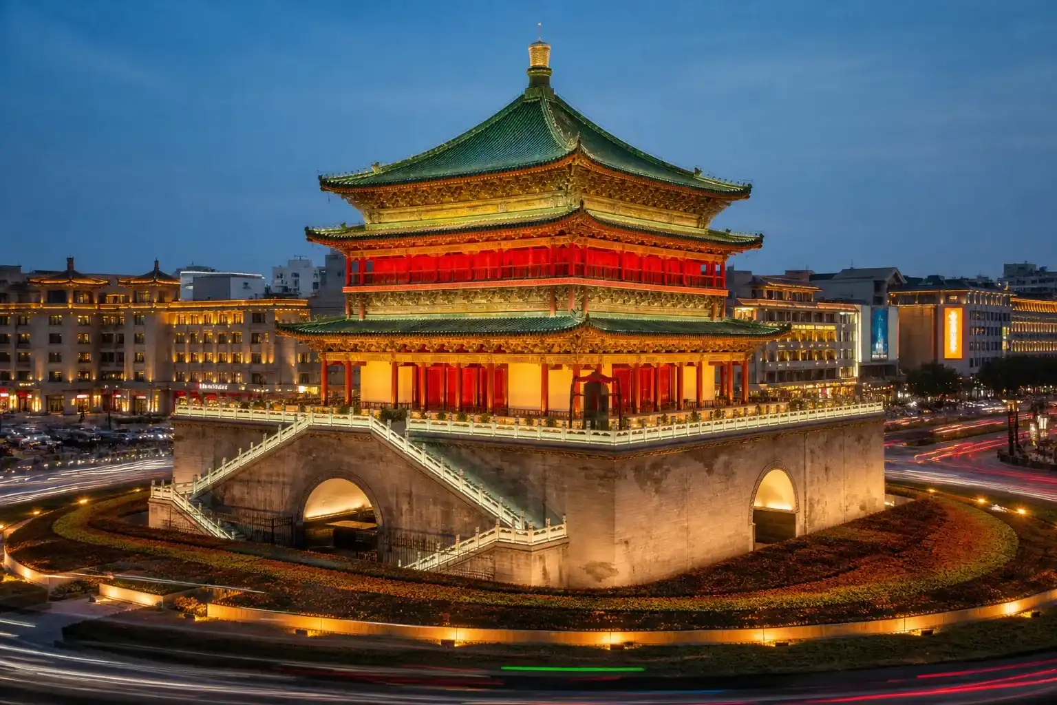 Xi'an Bell Tower illuminated at blue hour in the city center