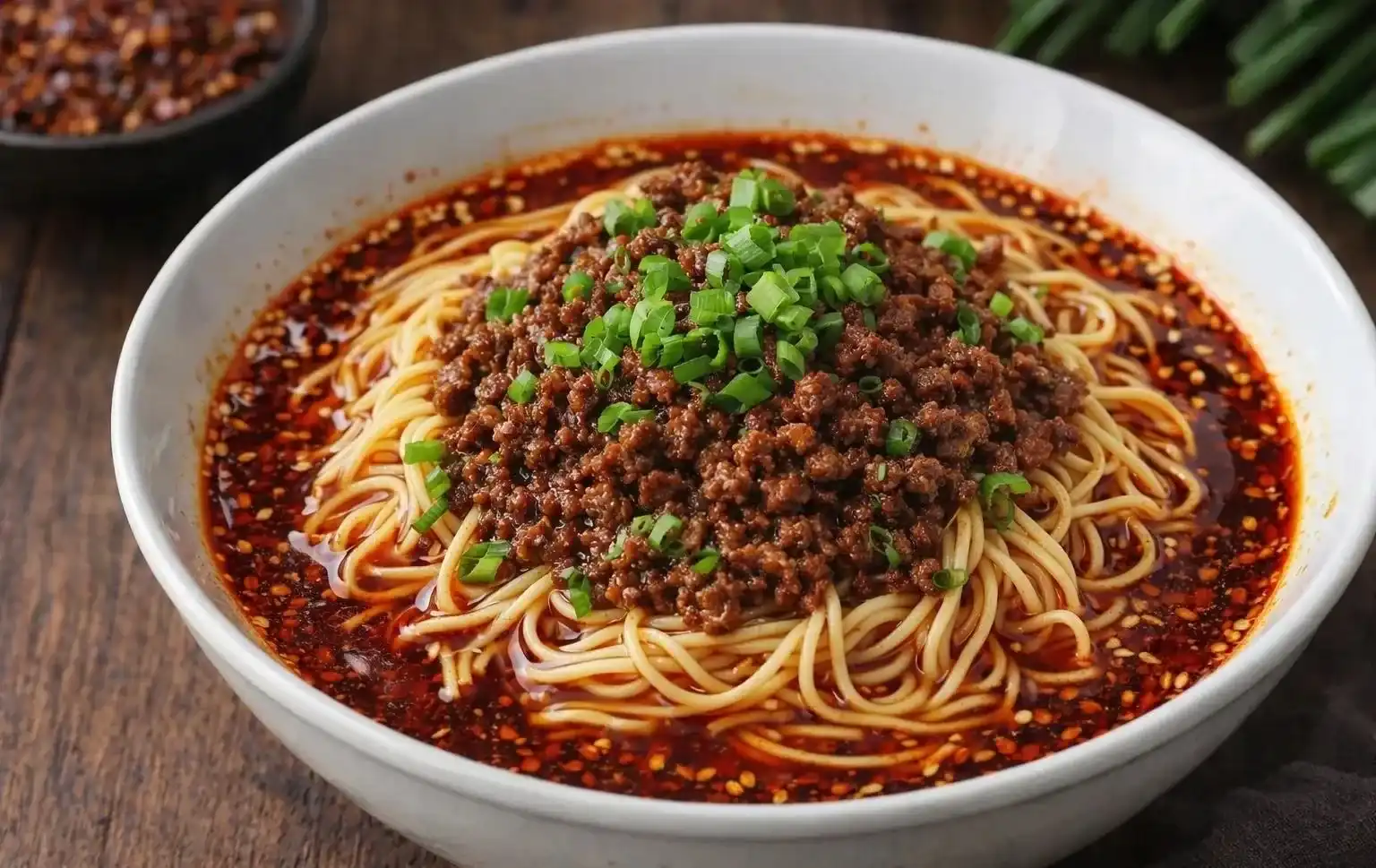Fine dandan noodles topped with minced pork, preserved vegetable, and chilli oil