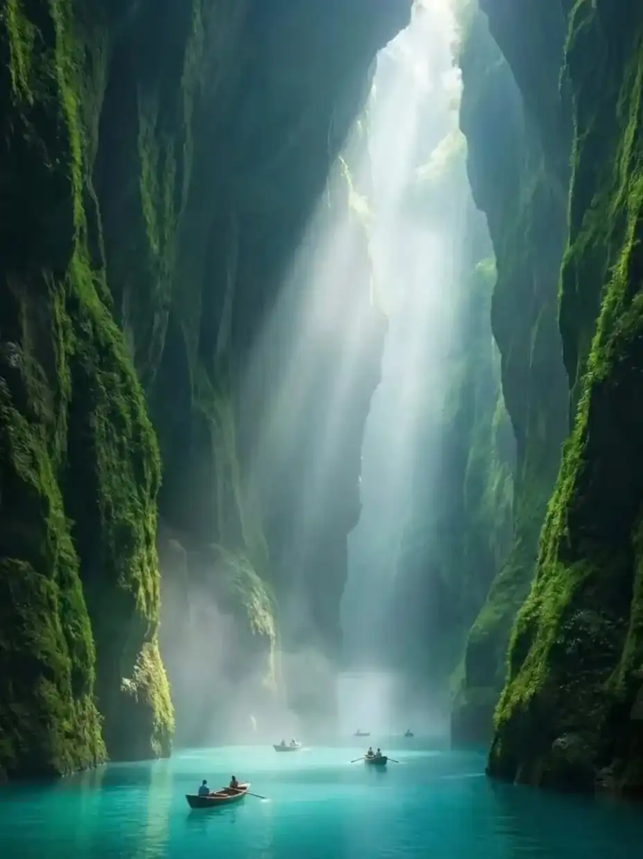 Stream and waterside path between the narrow walls of Zhangjiajie Grand Canyon
