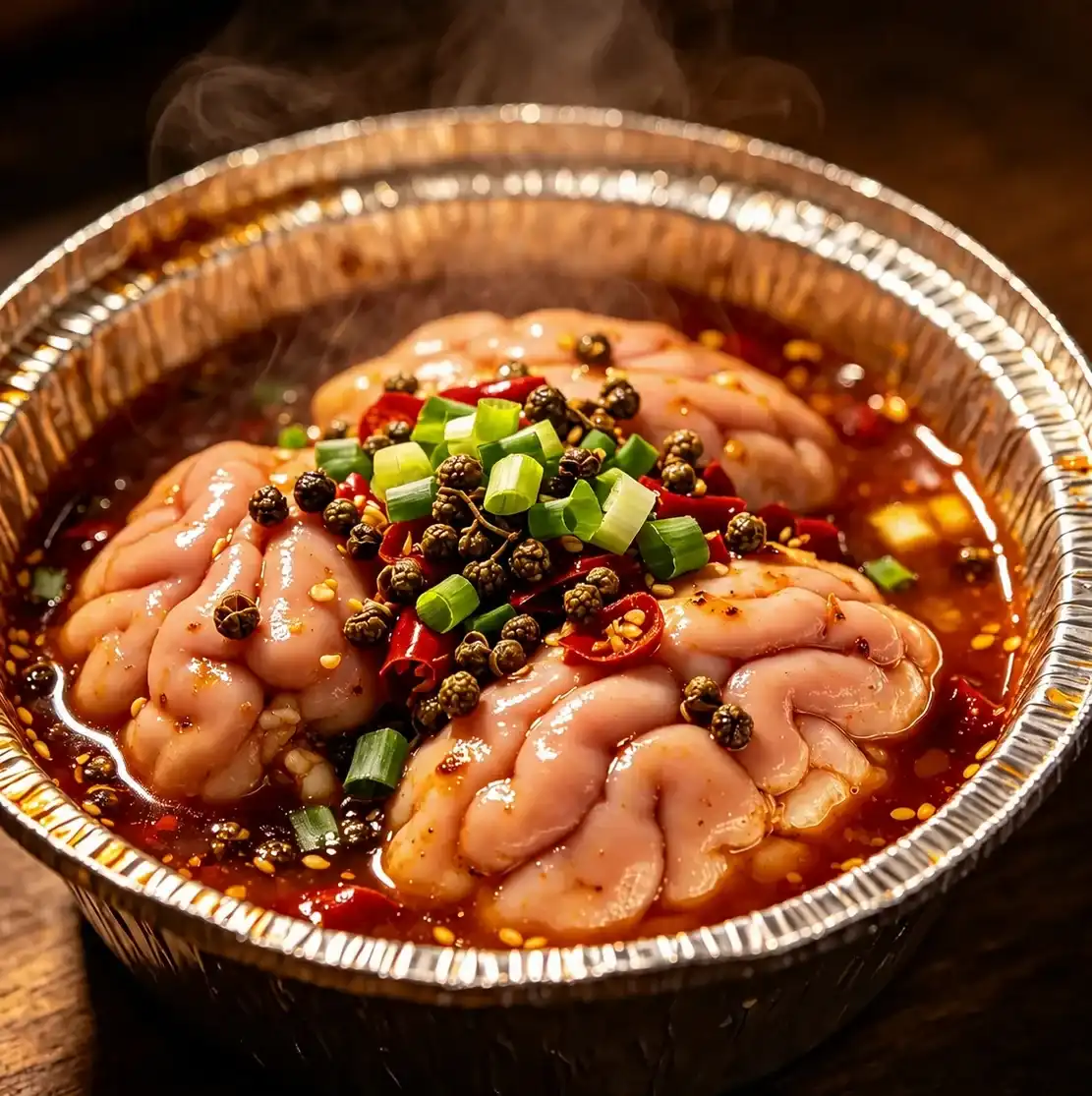 Pig brain in a small bowl under chilli oil, garlic and scallion