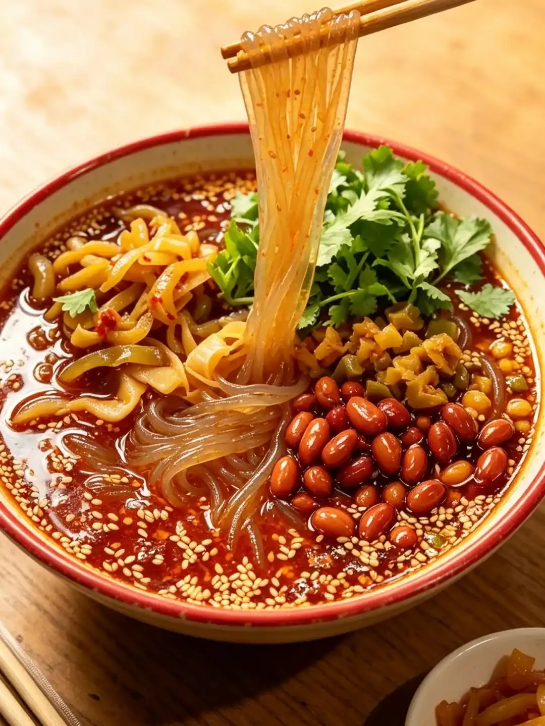 Sweet potato noodles in red broth with peanuts, preserved vegetables and scallion