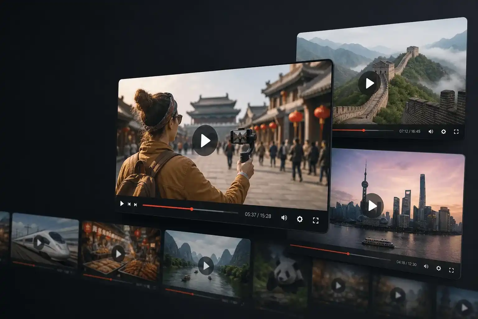 Multiple online video players showing China travel content
