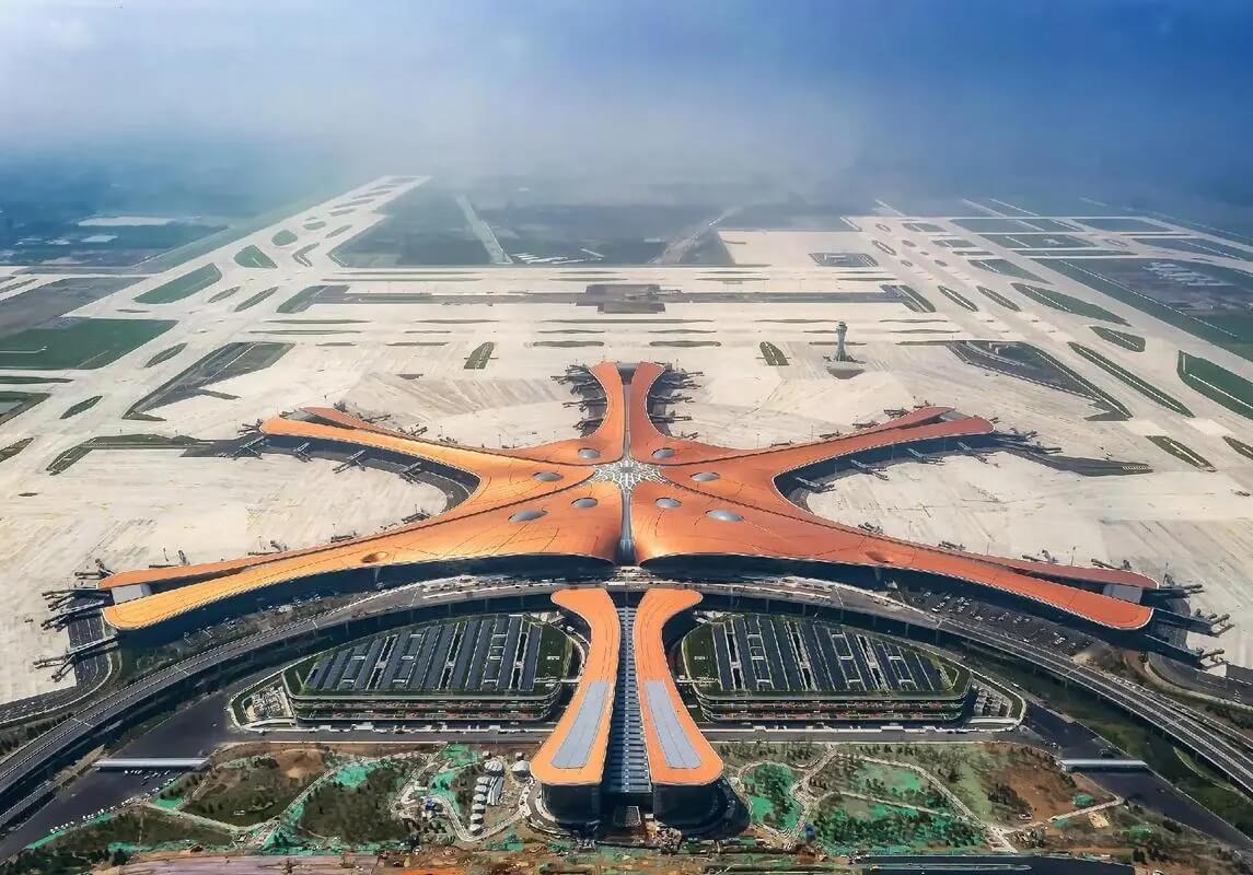 Orange roof and star-shaped concourse inside Beijing Daxing International Airport