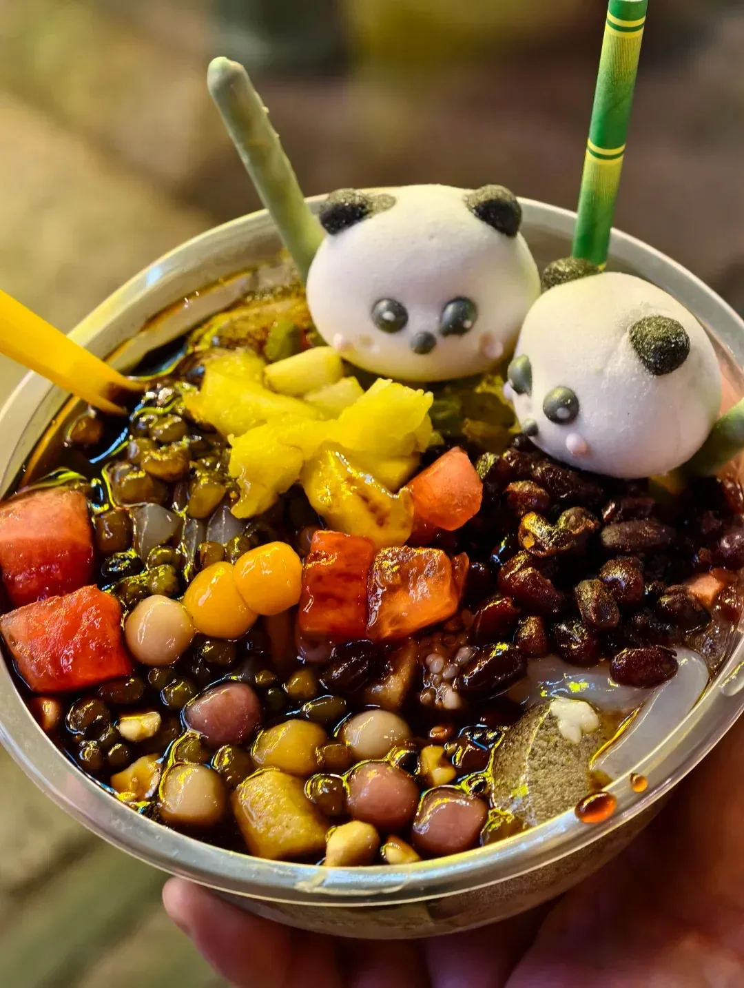 Transparent ice jelly with brown sugar, fruit, and nuts