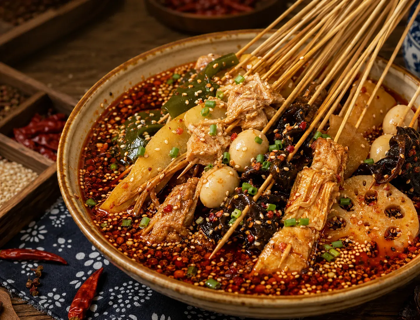 Bobo chicken skewers in red oil and sesame dressing