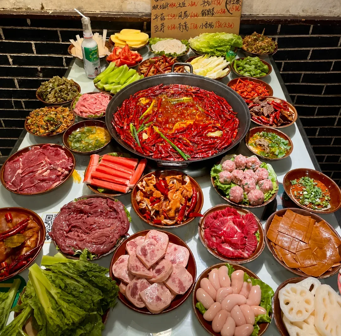 Red hot pot surrounded by meat, offal, tofu, and vegetables