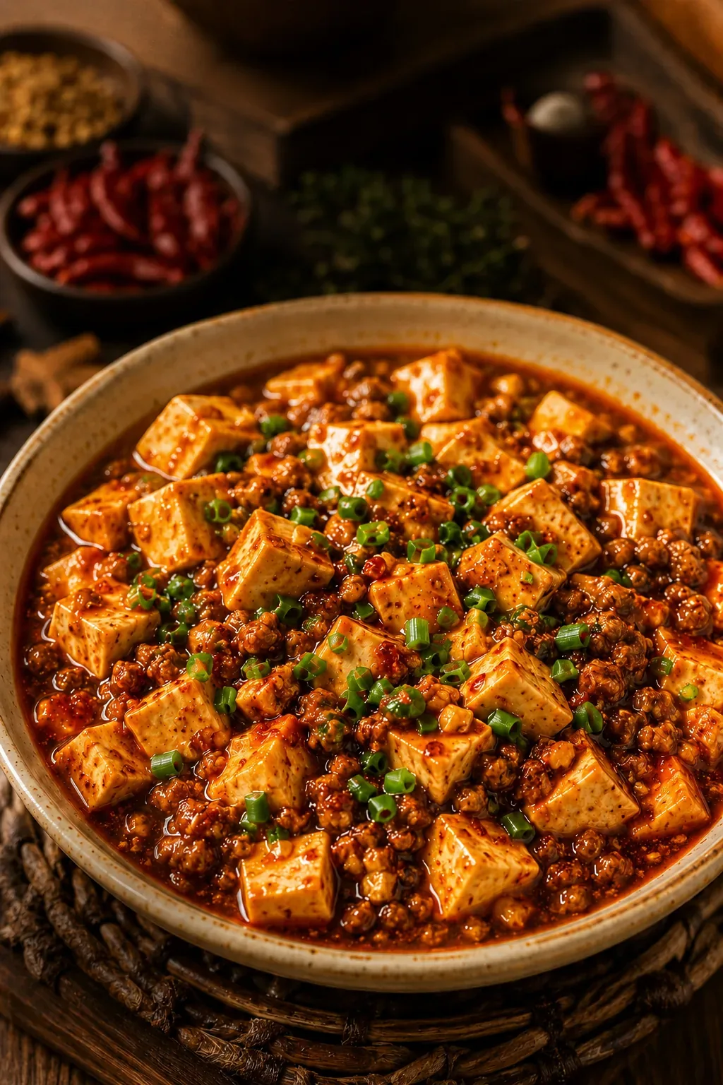 Mapo tofu with minced beef in glossy red sauce
