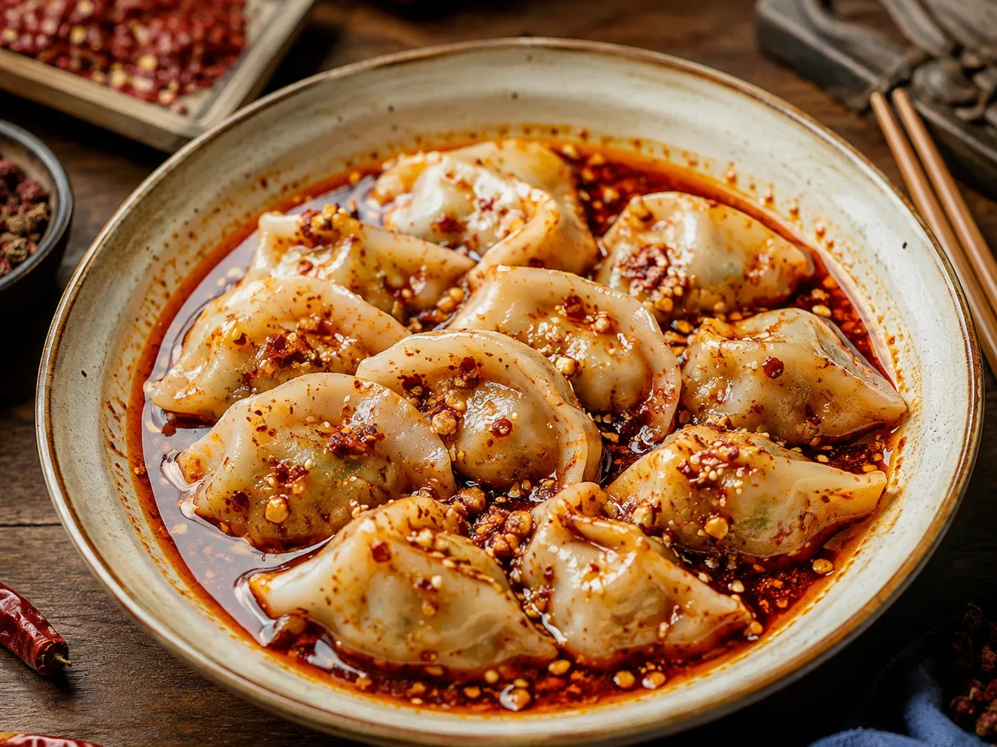 Zhong dumplings in chilli oil and sweet soy
