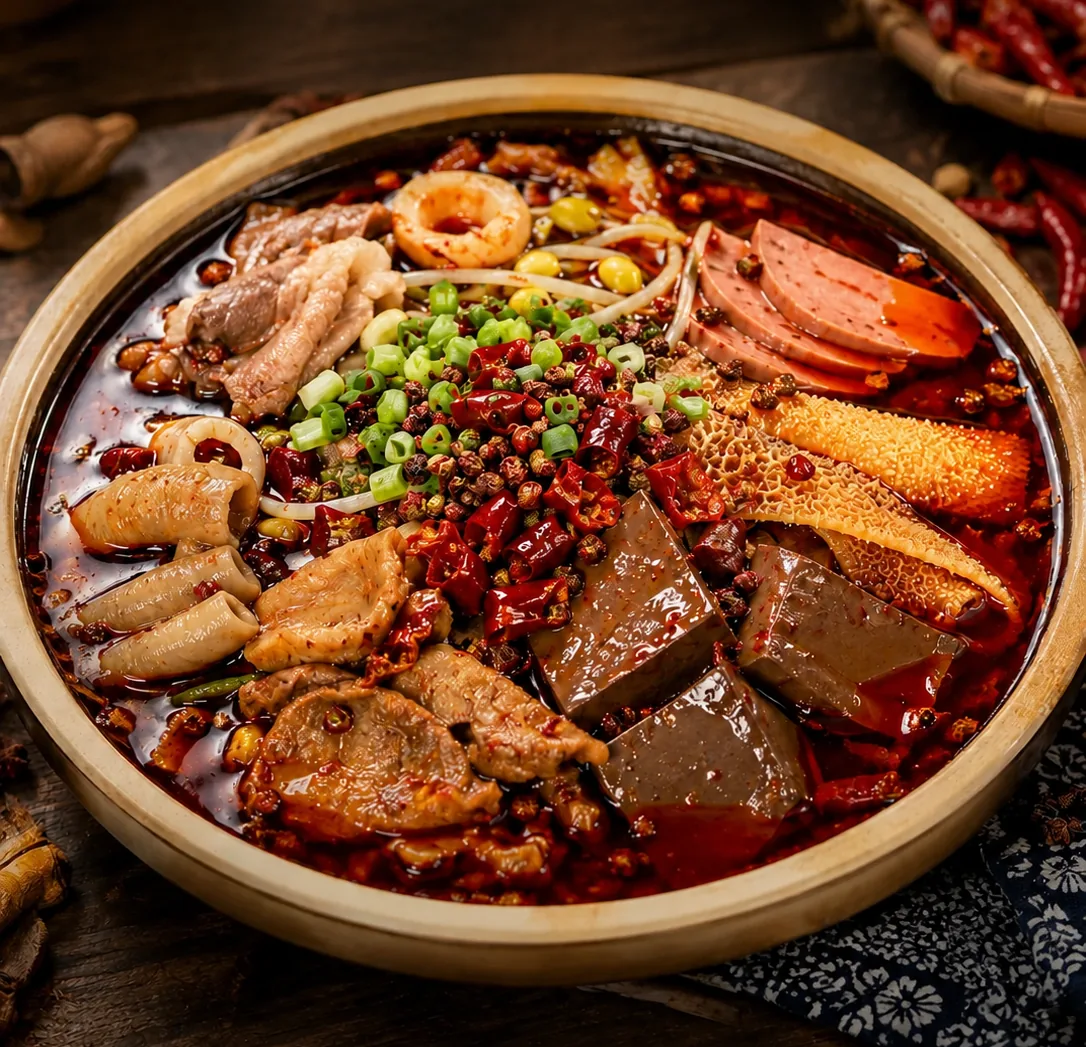Duck blood, tripe, luncheon meat and vegetables in red chilli broth