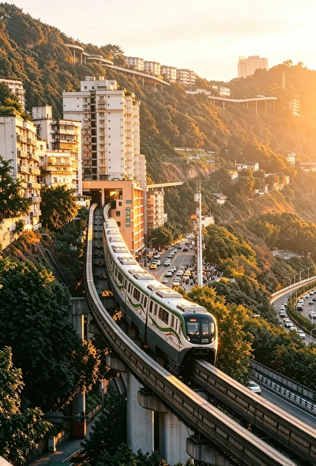 The monorail, station structure and surrounding buildings