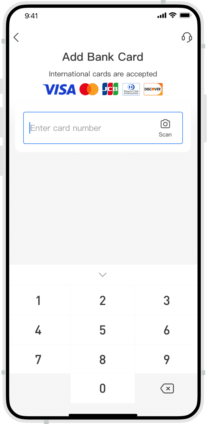 Official example of the international card entry screen