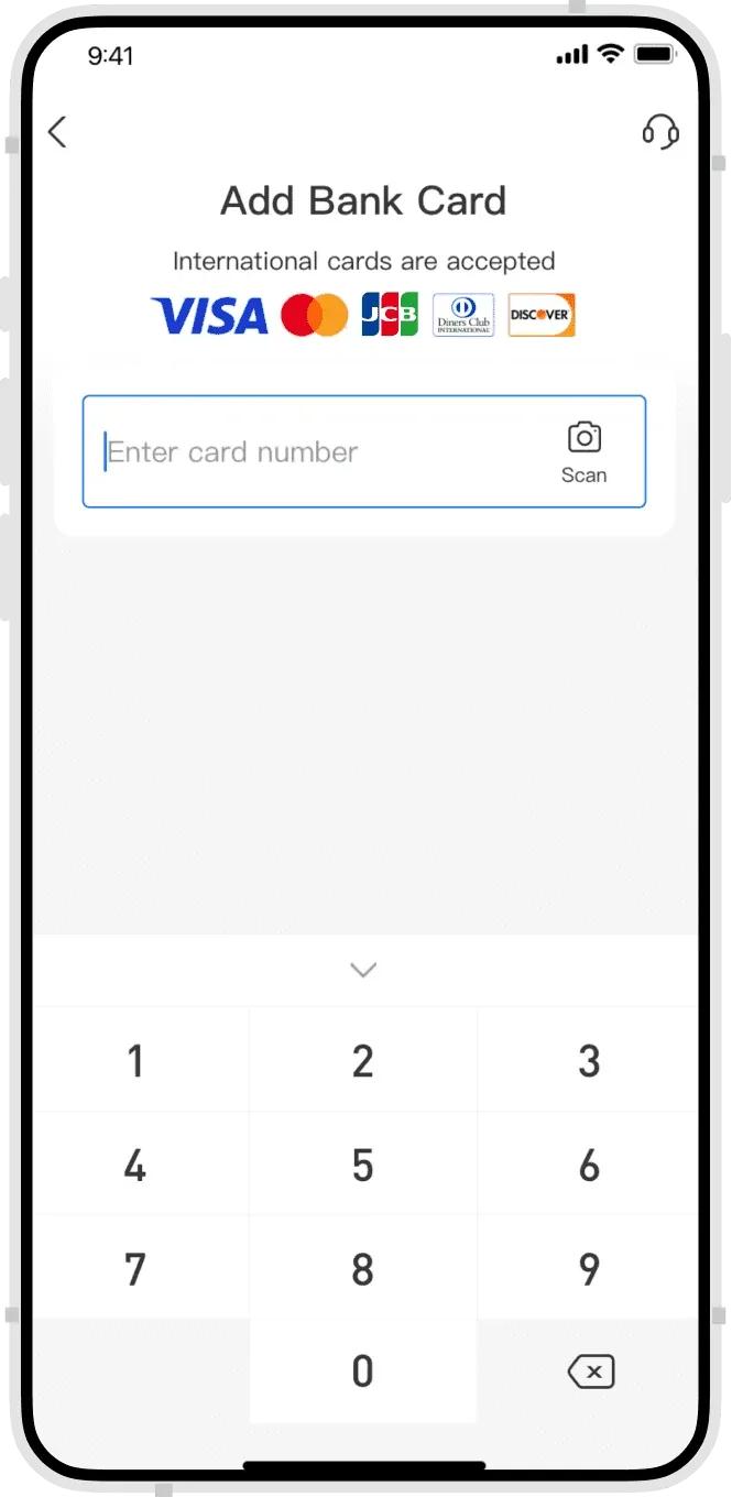 Official example of the international card entry screen