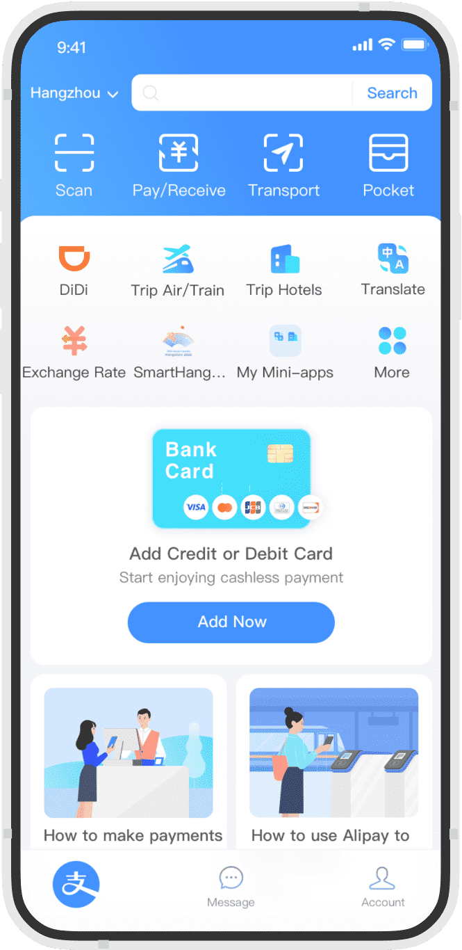 Alipay international home screen with payment, transport, rail and hotel services