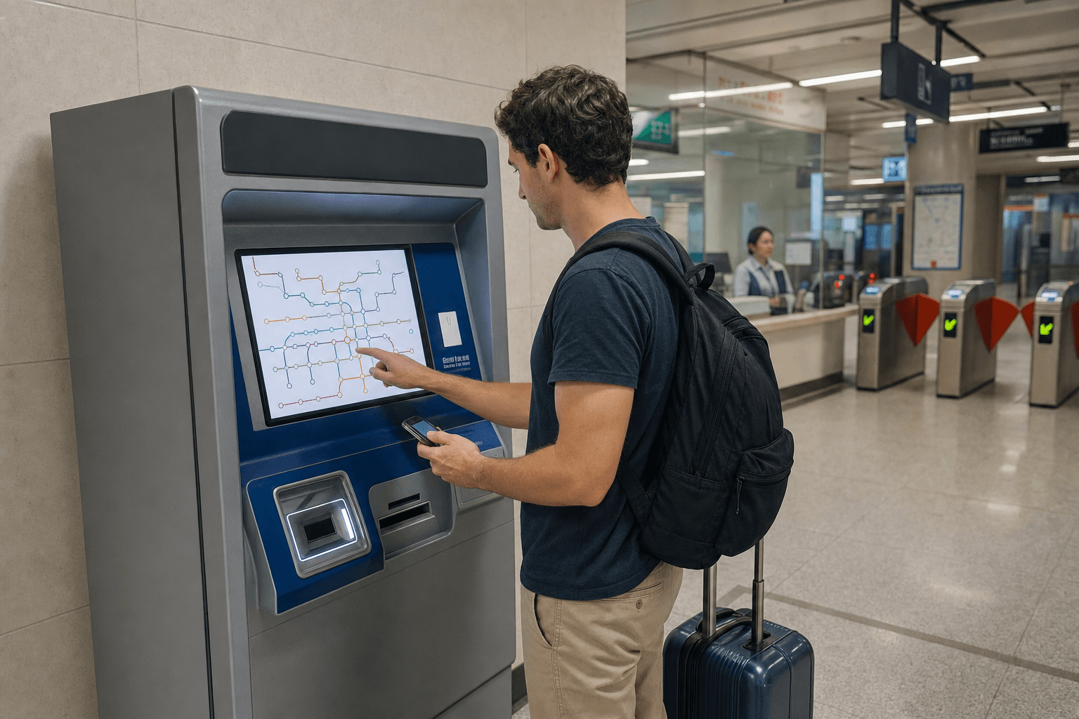 International visitor choosing a destination at a metro ticket machine