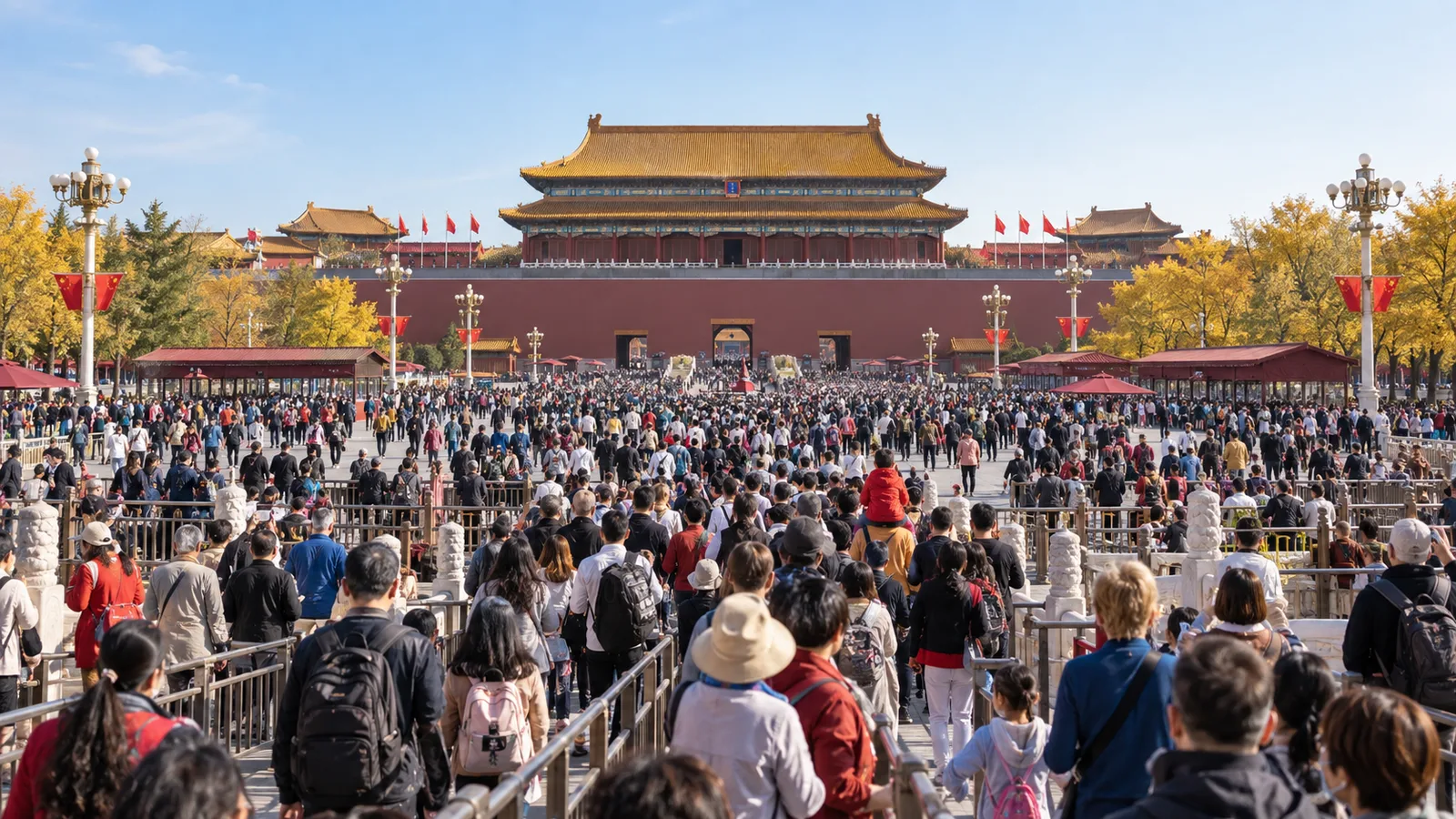 A crowded Chinese landmark during a National Day holiday