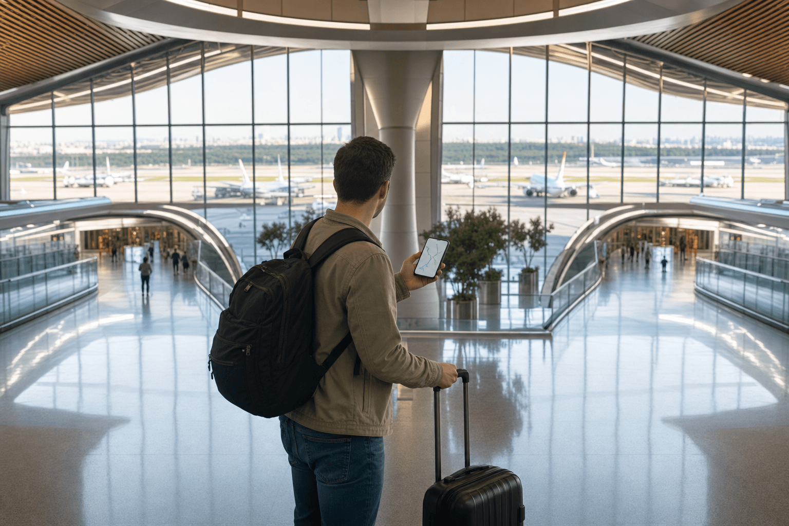 Traveler checking an onward international route at a Chinese airport