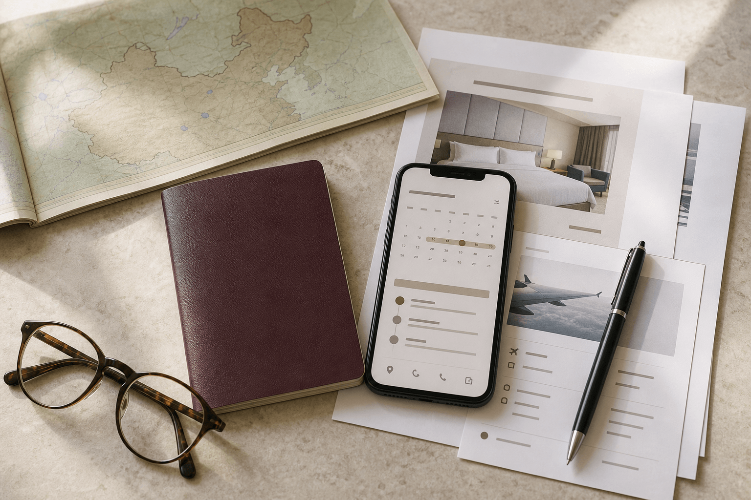 Passport, accommodation and itinerary prepared for a China visa application