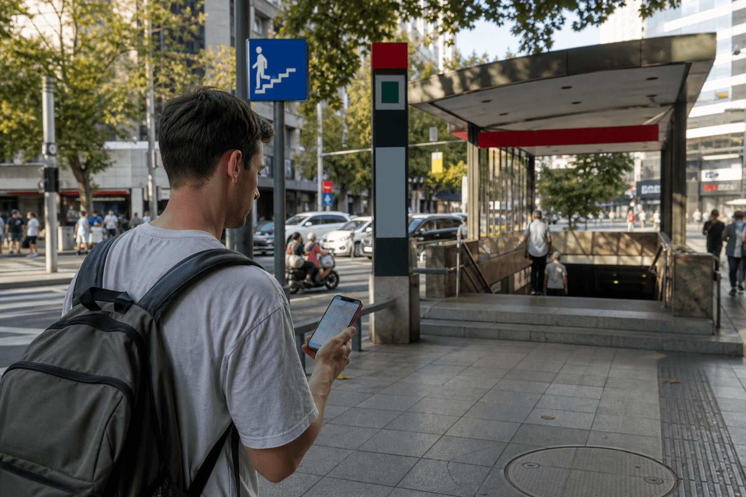 International traveller using a map to find a metro entrance on a Chinese city street