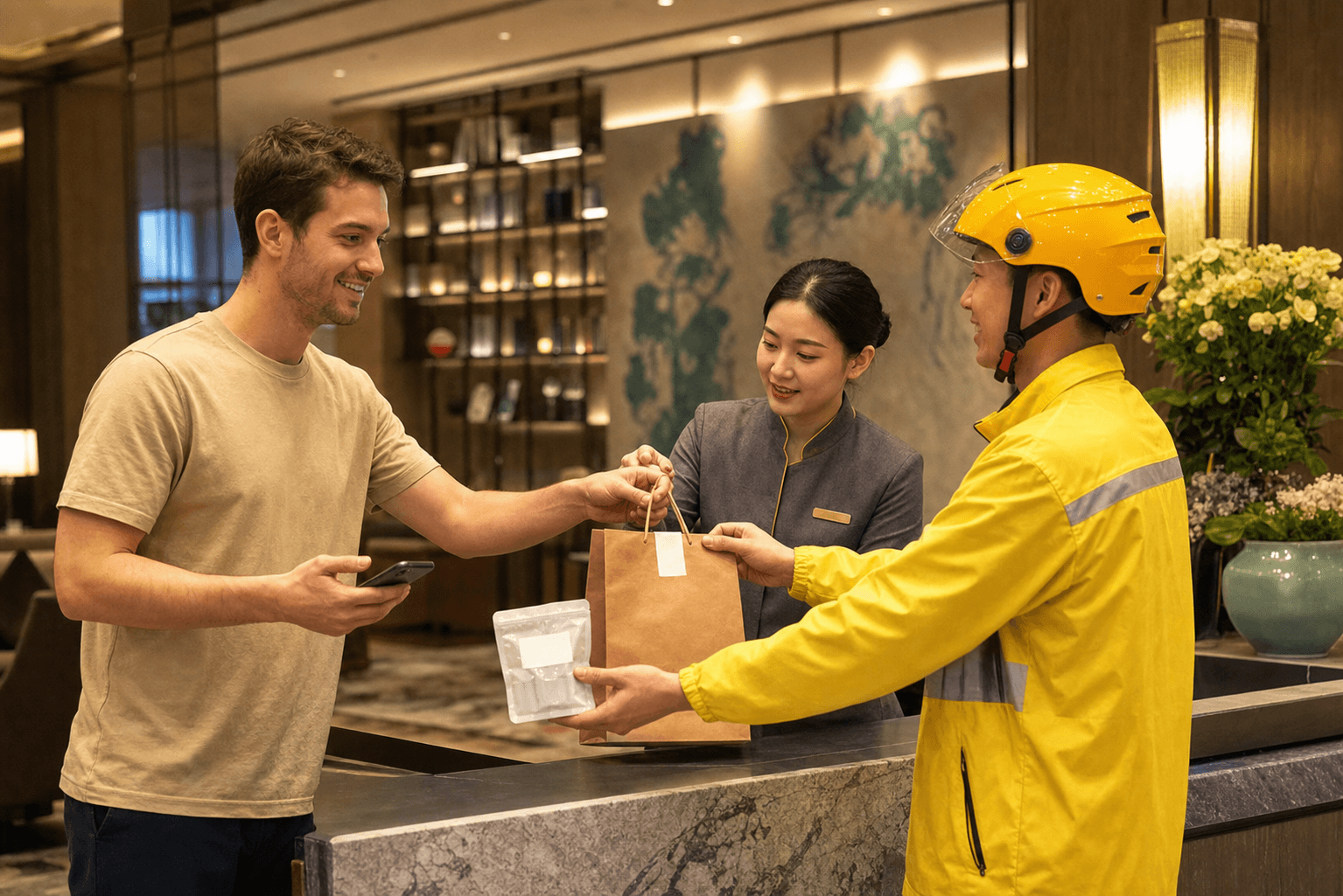 International traveller collecting food and pharmacy delivery at a hotel reception