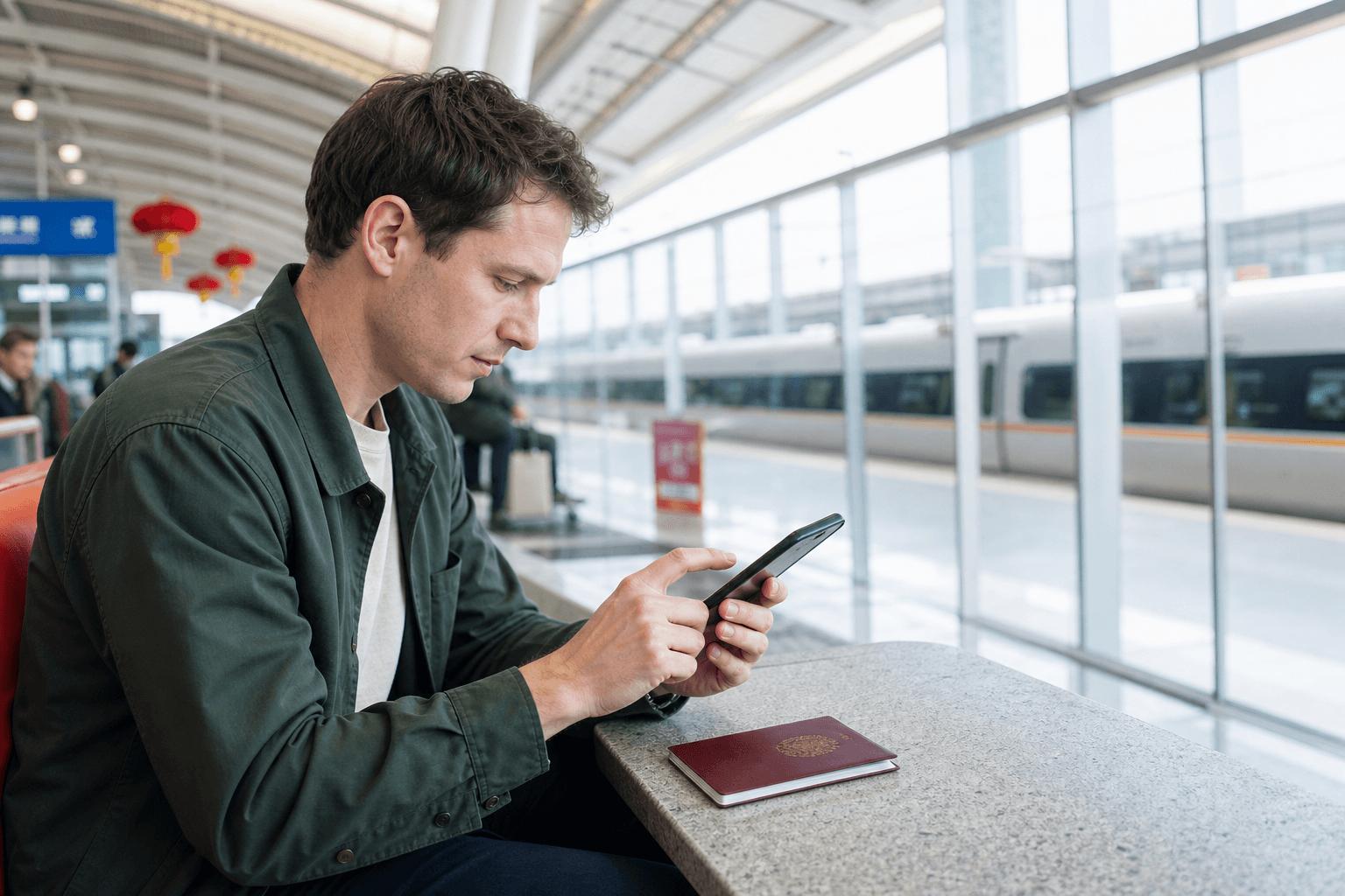 International traveller using a phone and passport at a Chinese high-speed railway station