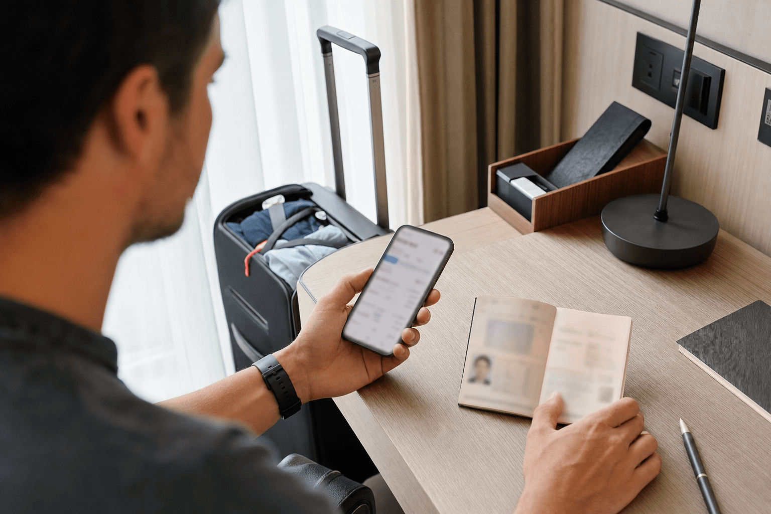 International traveller checking railway booking details against a passport