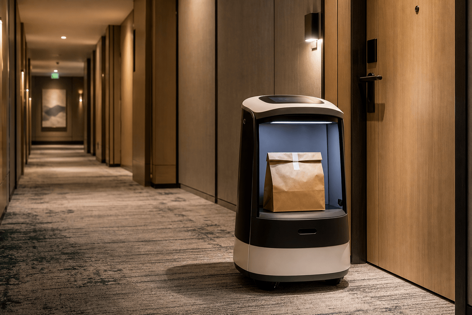 A hotel service robot delivering takeaway food to a guest-room door