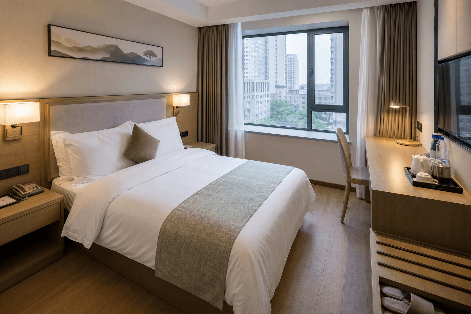 A typical room in a modern midscale chain hotel in China