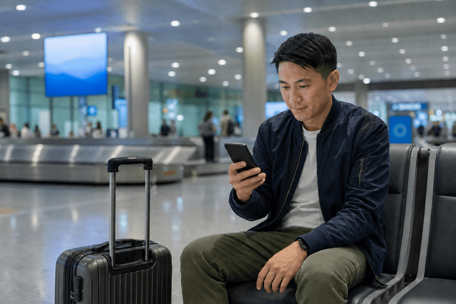 Traveller checking a roaming connection on their usual phone number after landing
