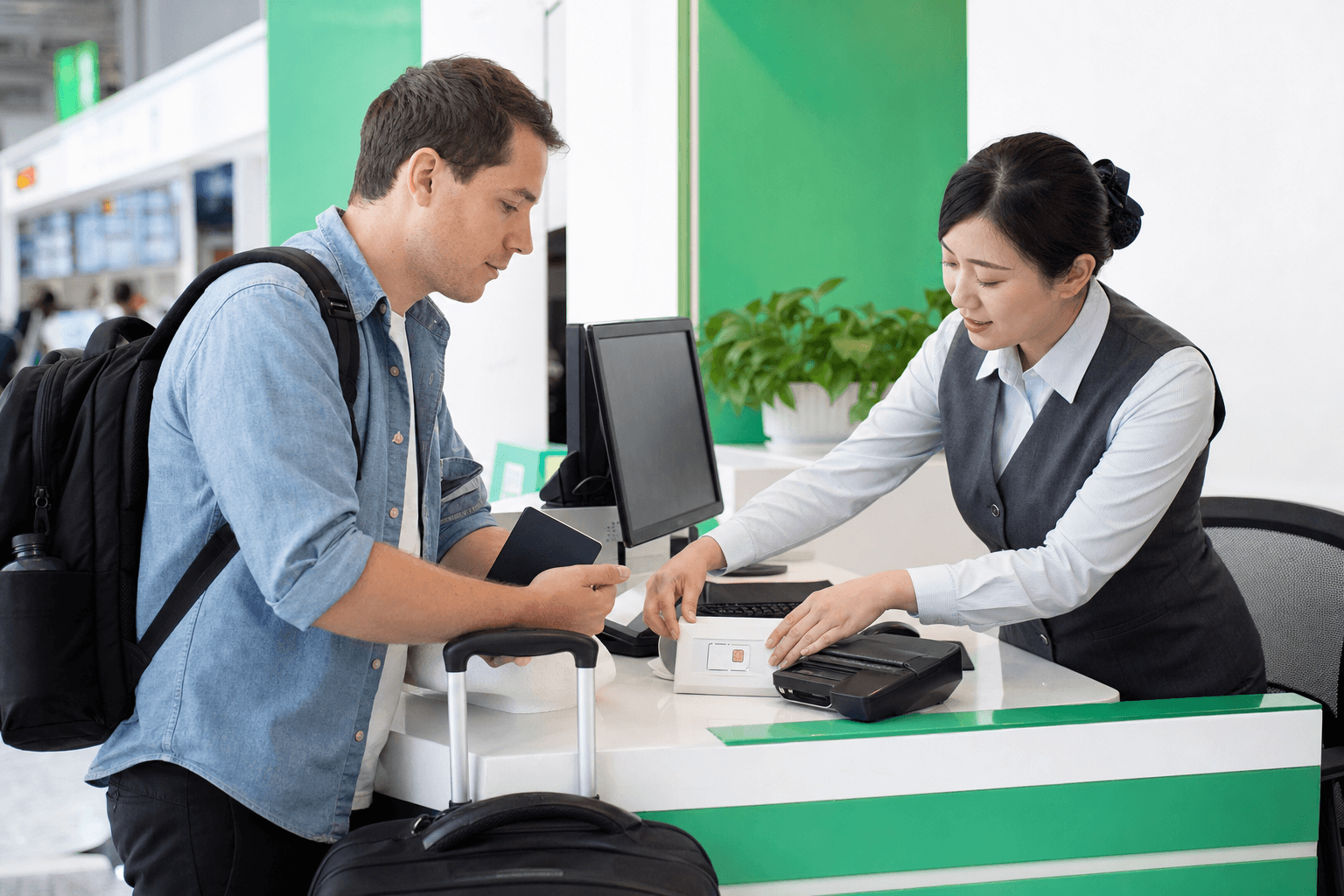 Foreign visitor completing real-name registration for a mainland SIM at an airport service counter
