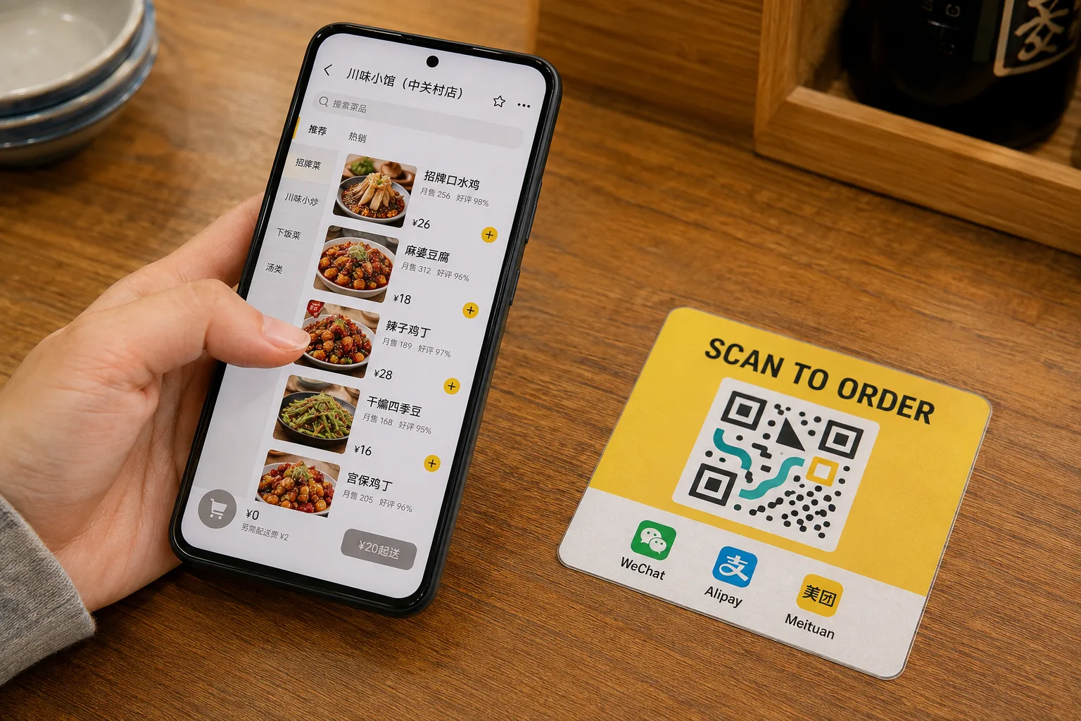Phone showing a Chinese restaurant menu beside a table QR code for WeChat, Alipay and Meituan