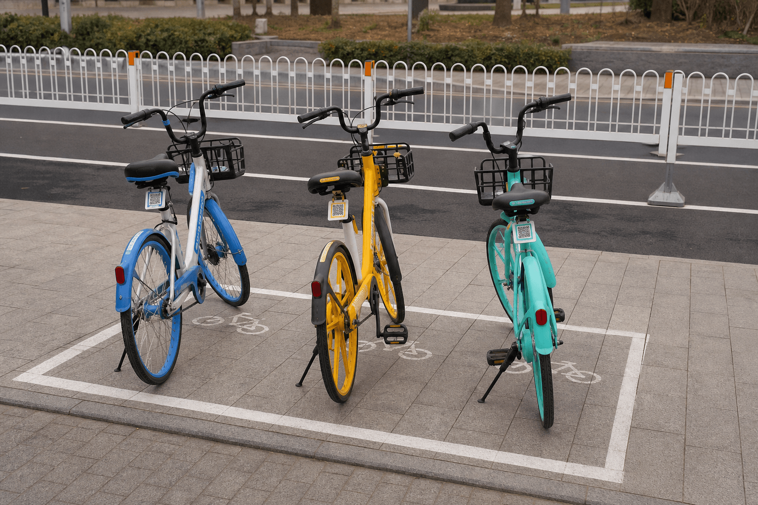 Blue, yellow and teal-green shared bicycles parked inside a marked bay