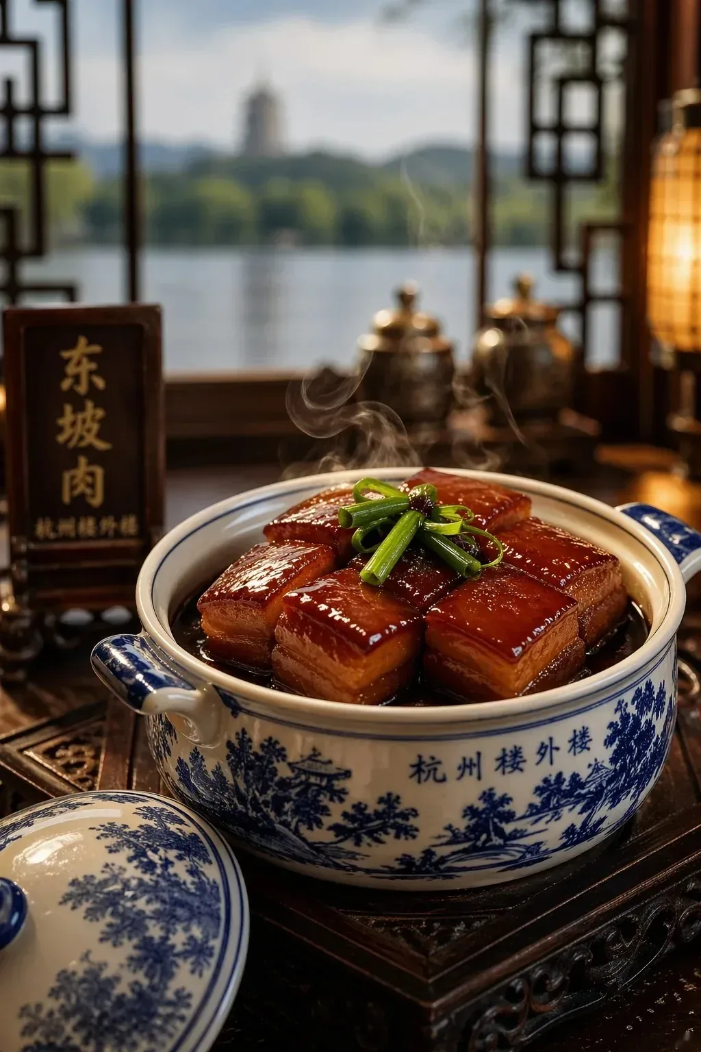 Hangzhou Dongpo pork in a blue-and-white casserole
