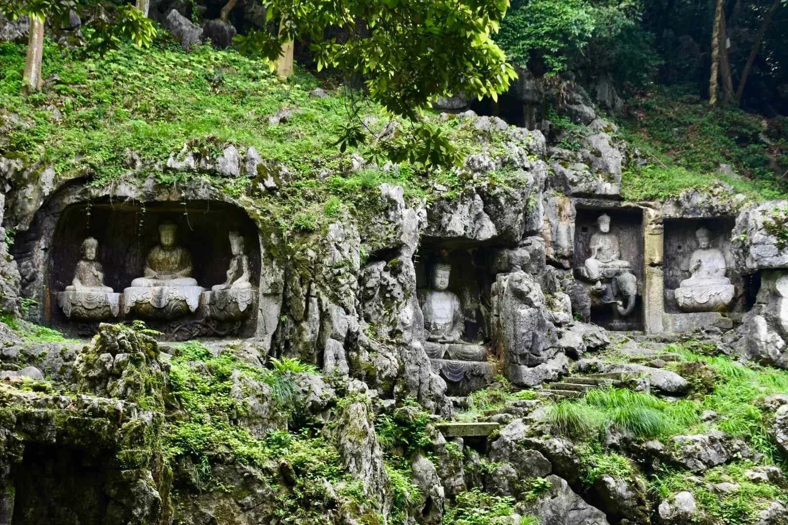Groups of carvings set among rock and trees at Feilai Peak