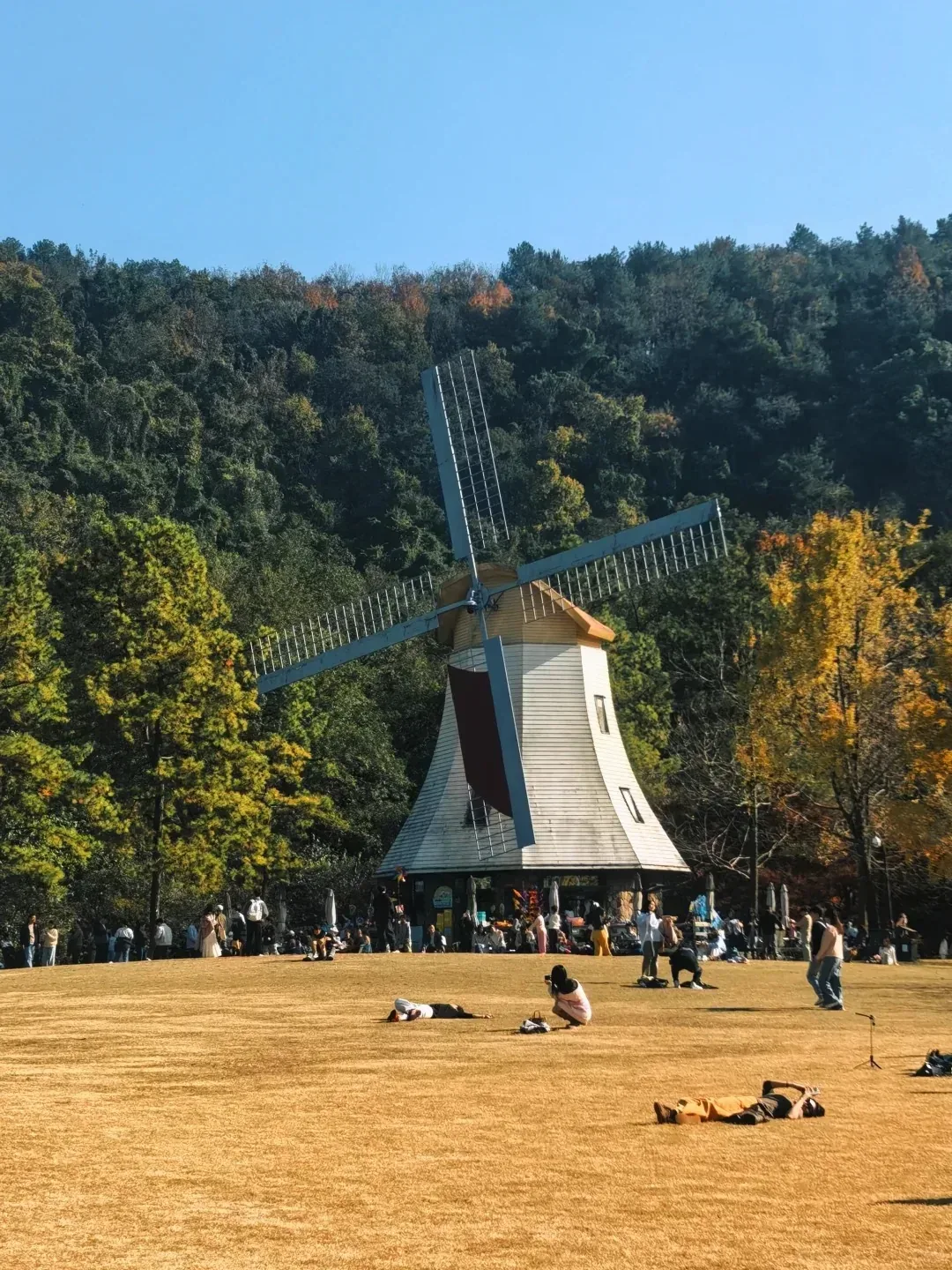 A windmill, lawns, and visitors in Prince Bay Park