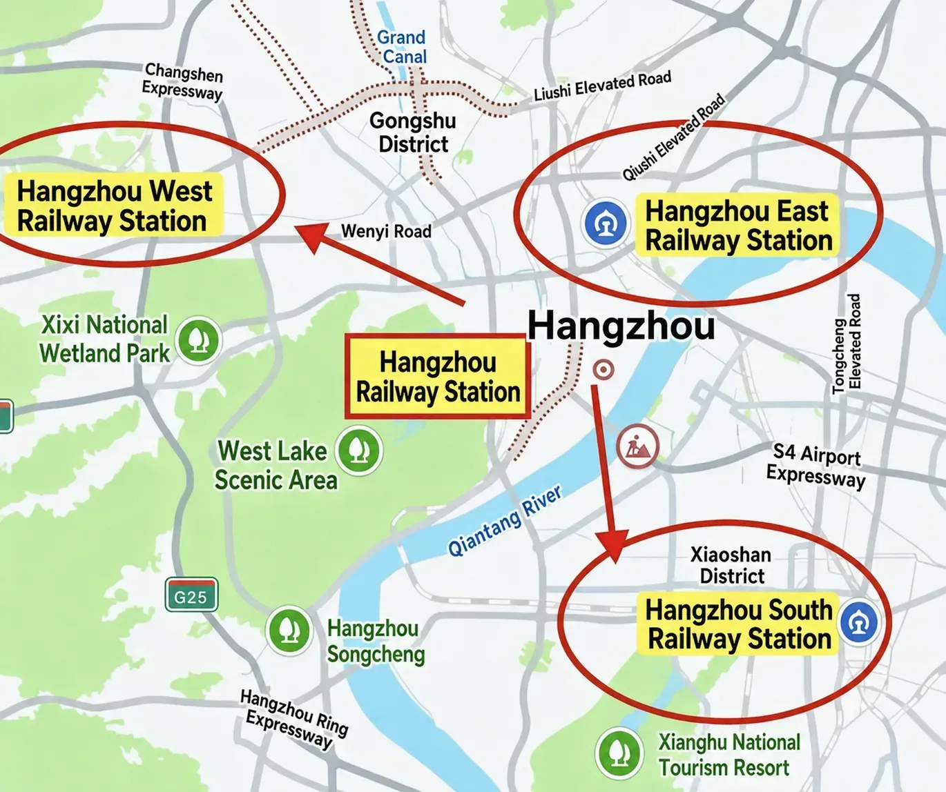 Orientation map of Hangzhou's four main railway stations, West Lake, and the airport