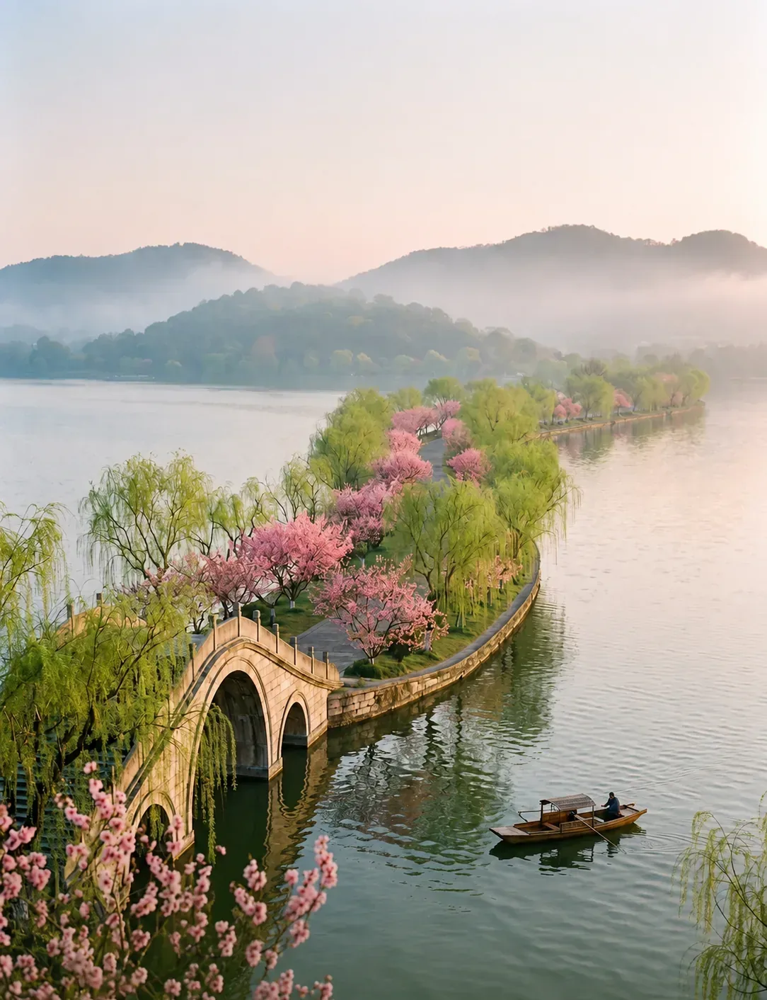 A bridge, spring planting, and boats along Su Causeway