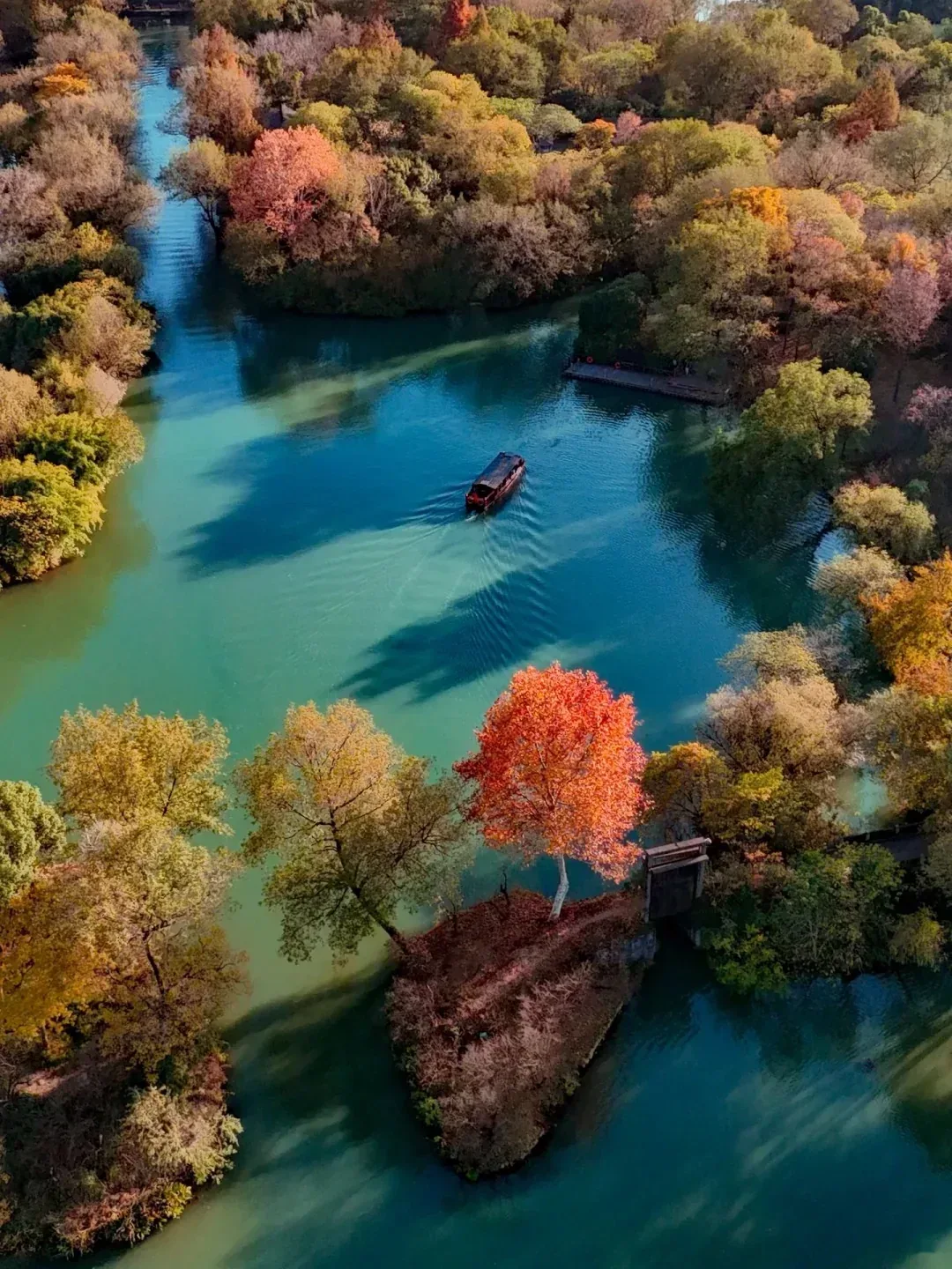 A boat crossing the autumn water network at Xixi Wetland