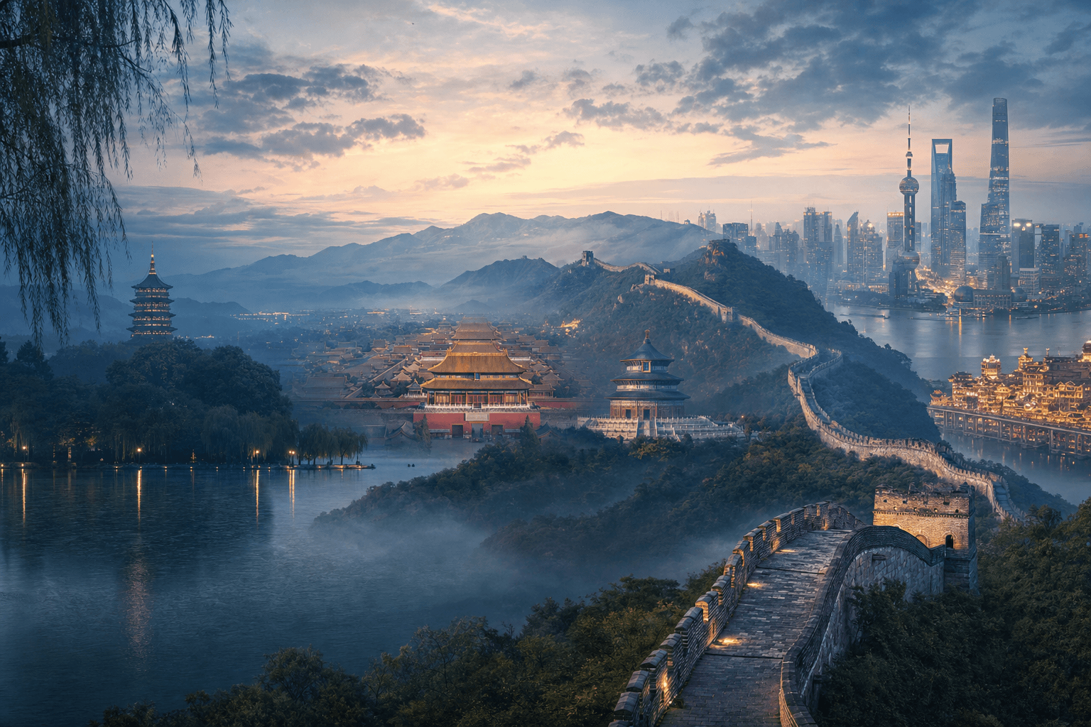 Chinese sights featuring the Great Wall, Forbidden City, Temple of Heaven, Shanghai, West Lake and Hongya Cave