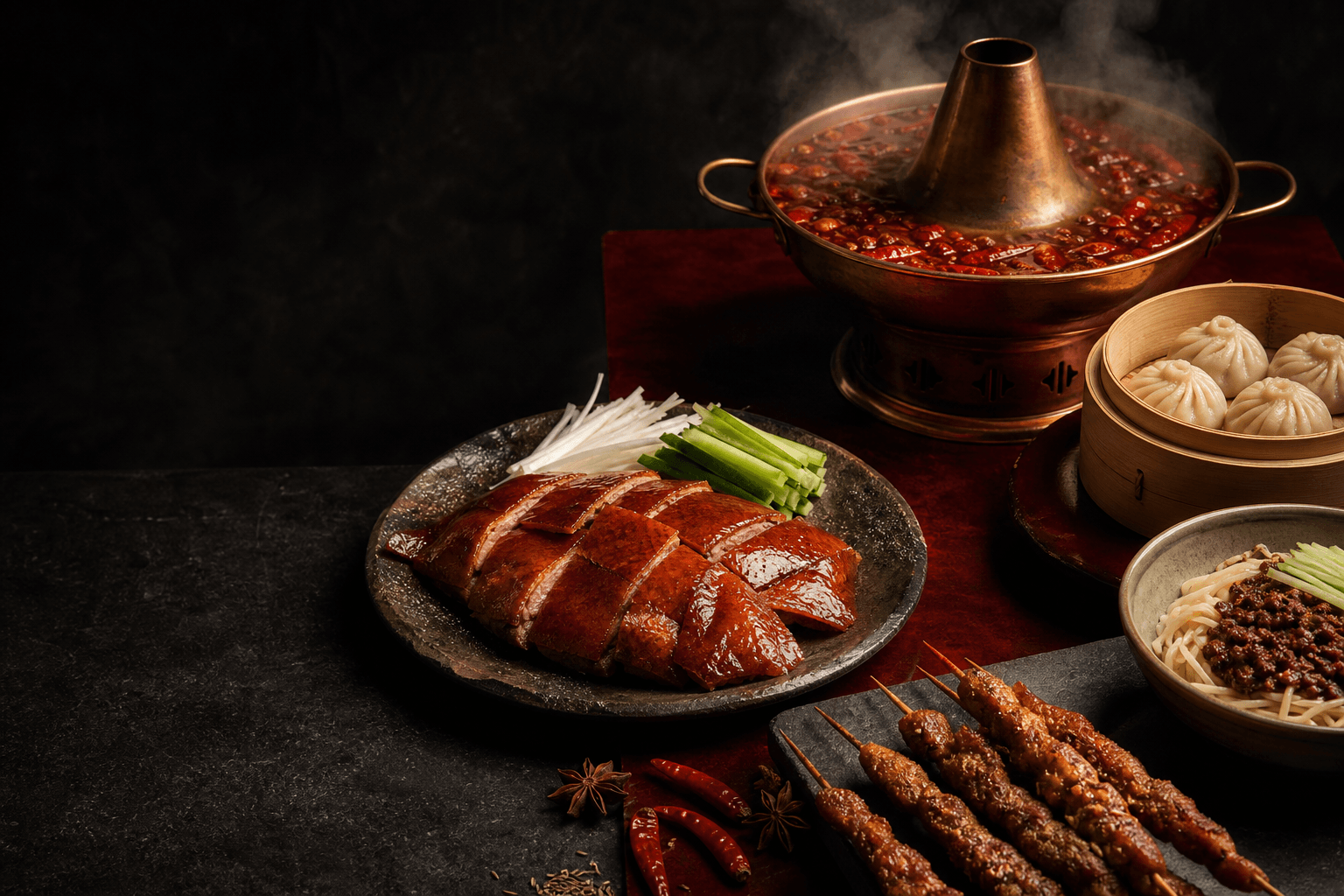 Beijing roast duck, Sichuan hot pot, barbecue skewers, xiaolongbao and zhajiangmian