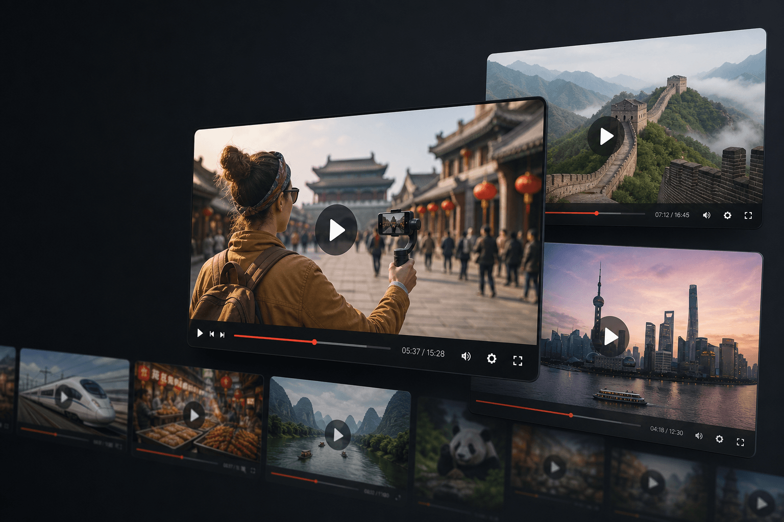 Multiple online video players showing China travel content
