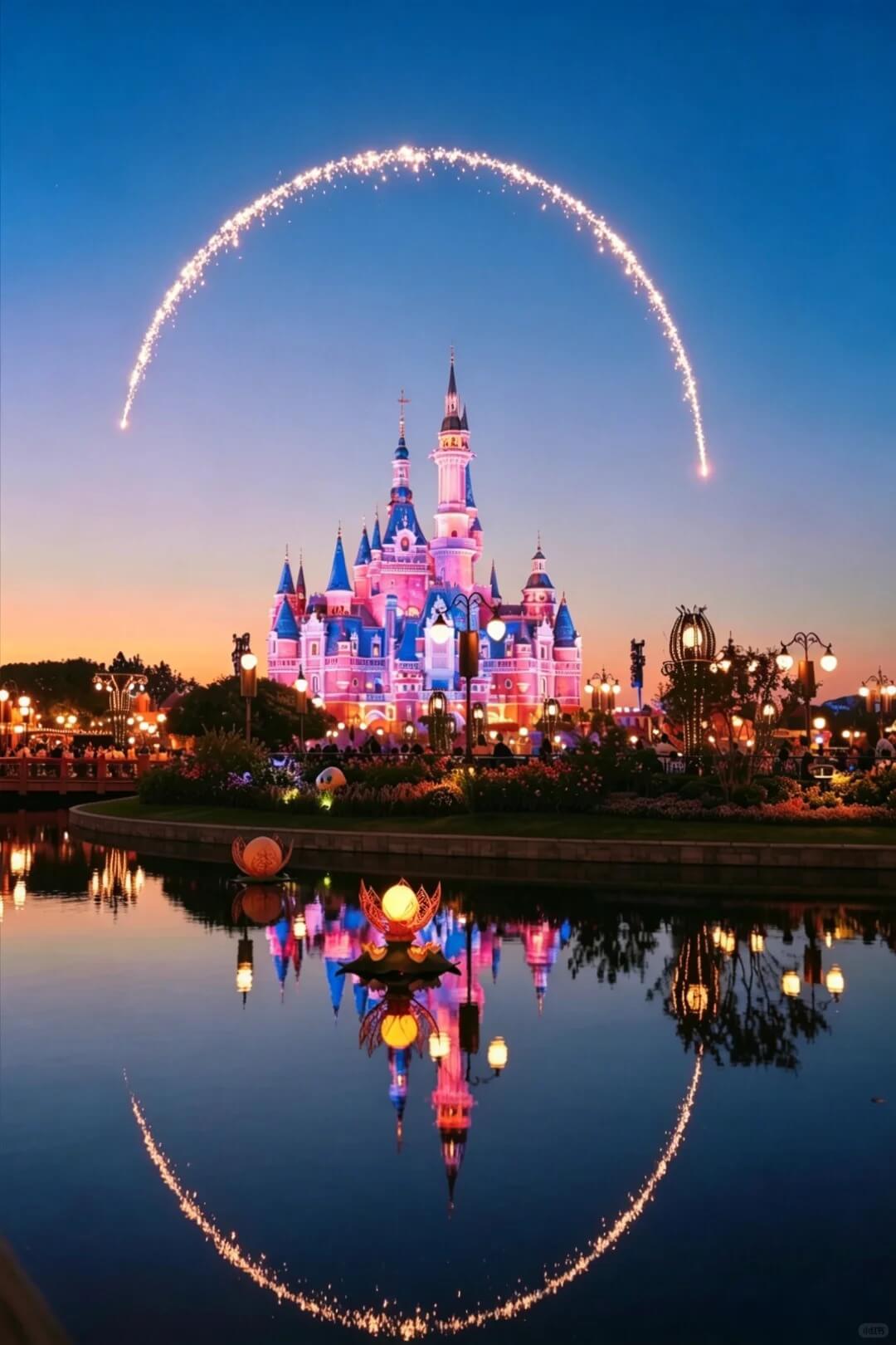 Fireworks arc above Enchanted Storybook Castle at Shanghai Disneyland at dusk