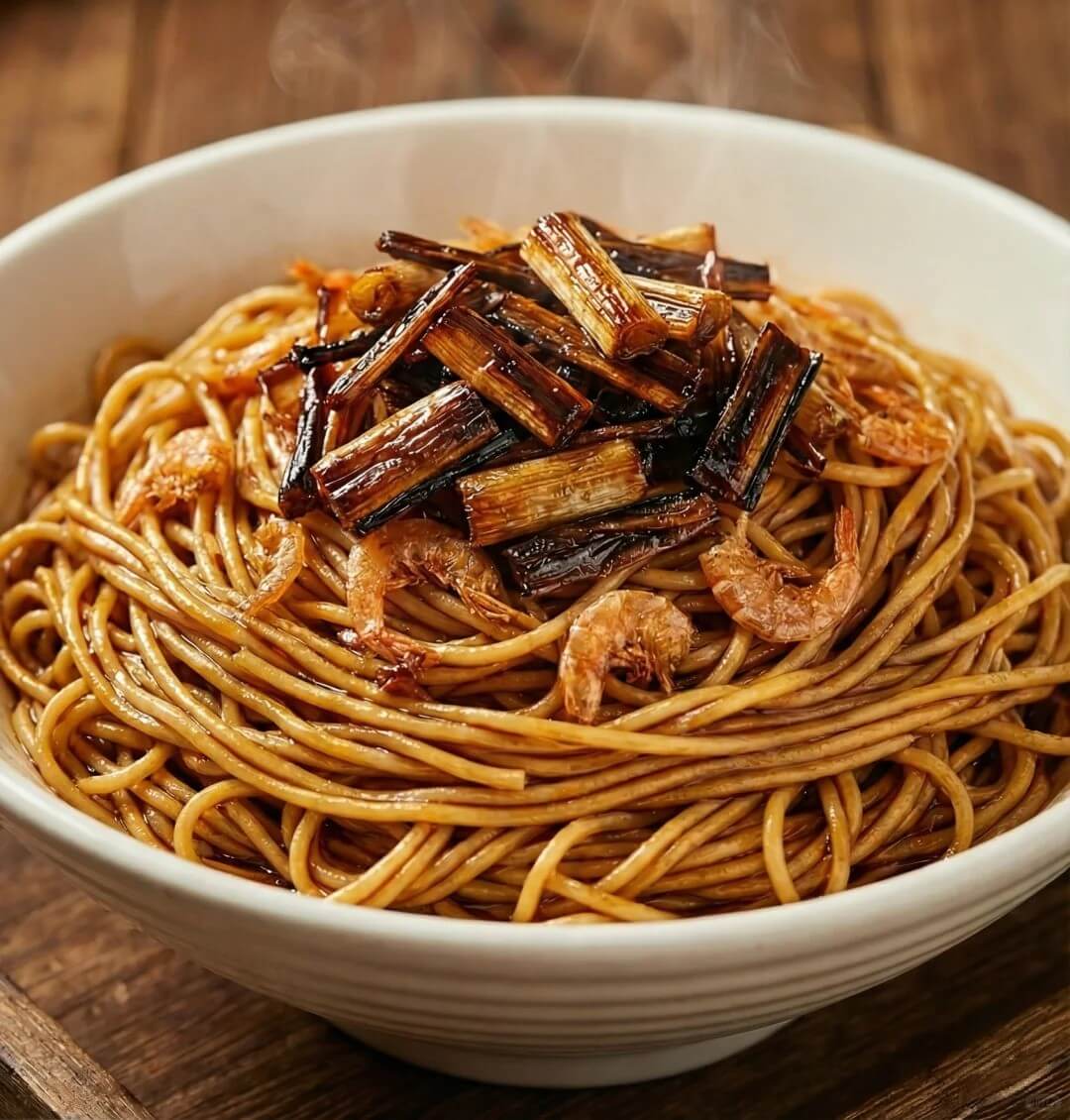 Soy-dark scallion oil noodles topped with fried scallions and dried shrimp